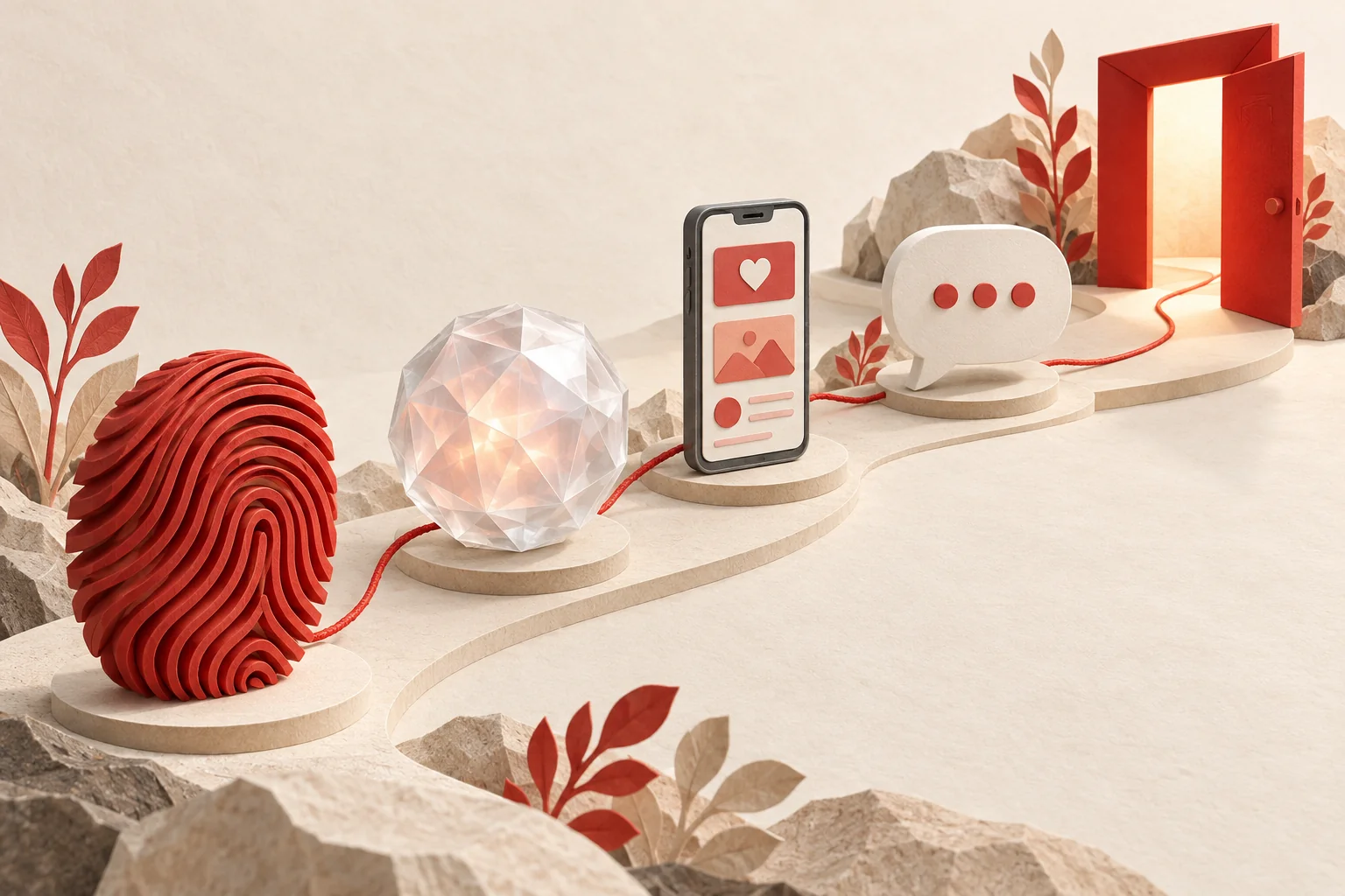 自分の軸から、AI、SNS、LINE、相談への入口へと赤い糸がつながるイラスト